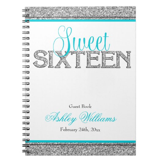 Glam Faux Glitter Silver Blauwgroen Sweet 16 Guest Notitieboek (Voorkant)