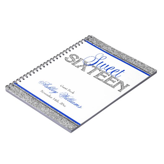 Glam Faux Glitter Silver Blue Sweet 16 Guest Book Notitieboek (Linkerzijde)