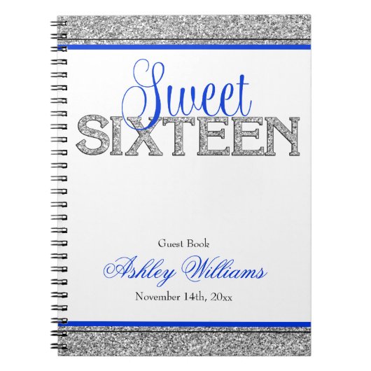 Glam Faux Glitter Silver Blue Sweet 16 Guest Book Notitieboek (Voorkant)