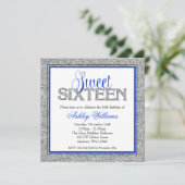 Glam Faux Glitter Silver Blue Sweet 16 Kaart (Staand voorkant)