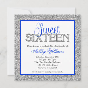 Glam Faux Glitter Silver Blue Sweet 16 Kaart