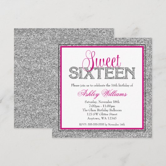 Glam Faux Glitter Silver Hot Pink 16 Kaart (Voorkant / Achterkant)