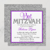 Glam Faux Glitter Silver Paars Bat Mitzvah Kaart (Voorkant / Achterkant)