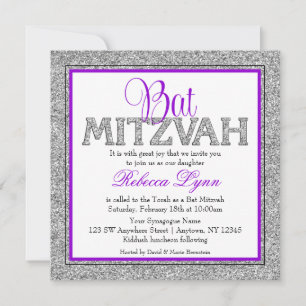 Glam Faux Glitter Silver Paars Bat Mitzvah Kaart
