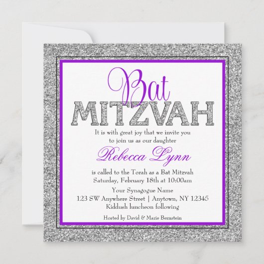 Glam Faux Glitter Silver Paars Bat Mitzvah Kaart (Voorkant)