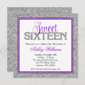 Glam Faux Glitter Silver Paars Sweet 16 Kaart (Voorkant / Achterkant)