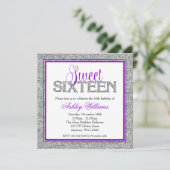 Glam Faux Glitter Silver Paars Sweet 16 Kaart (Staand voorkant)