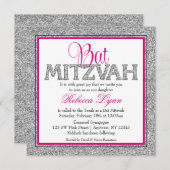 Glam Faux Glitter Silver Pink Bat Mitzvah Kaart (Voorkant / Achterkant)