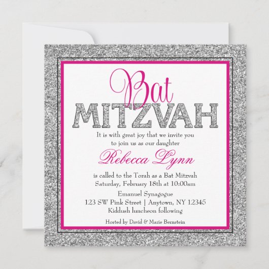 Glam Faux Glitter Silver Pink Bat Mitzvah Kaart (Voorkant)