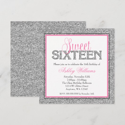 Glam Faux Glitter Silver Pink Sweet 16 Kaart (Voorkant / Achterkant)