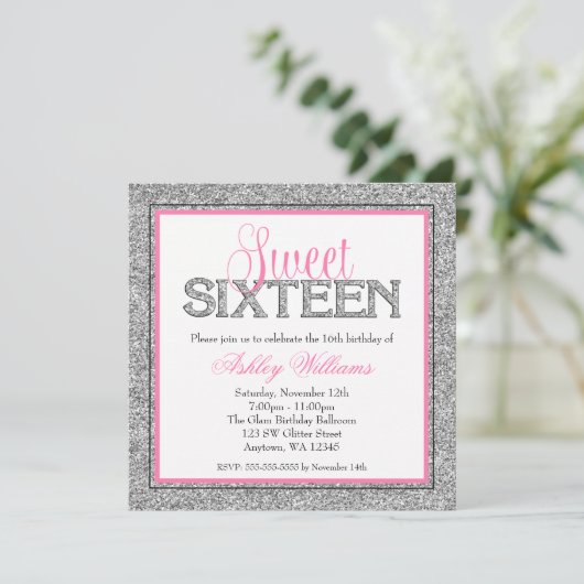 Glam Faux Glitter Silver Pink Sweet 16 Kaart (Staand voorkant)