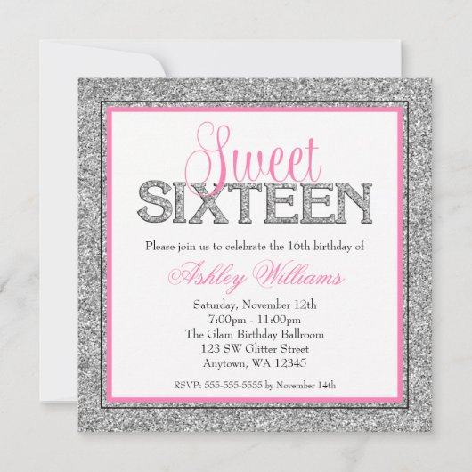 Glam Faux Glitter Silver Pink Sweet 16 Kaart (Voorkant)