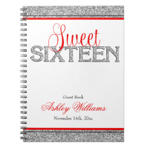 Glam Faux Glitter Silver Red Sweet 16 Guest Book Notitieboek