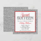 Glam Faux Glitter Silver Red Sweet 16 Kaart (Voorkant / Achterkant)