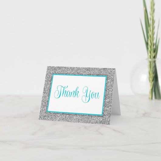Glam Faux Glitter Silver Teal Blue Thank You Bedankkaart (Voorkant)