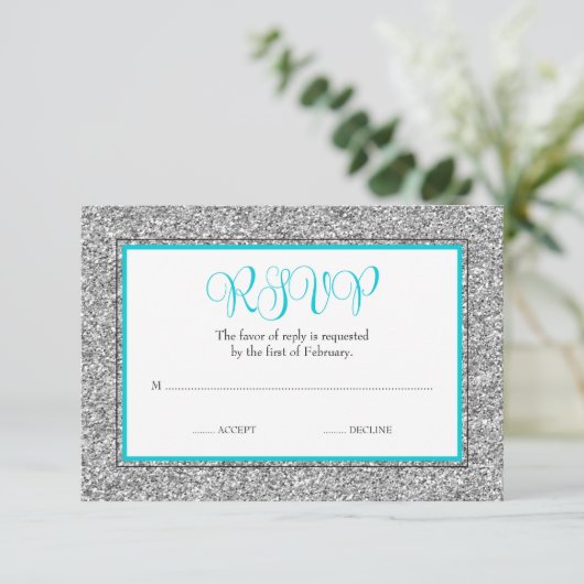 Glam Faux Glitter Zilver Blauwgroen Blauw RSVP (Staand voorkant)