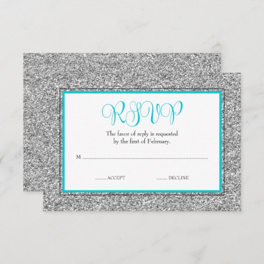 Glam Faux Glitter Zilver Blauwgroen Blauw RSVP (Voorkant / Achterkant)