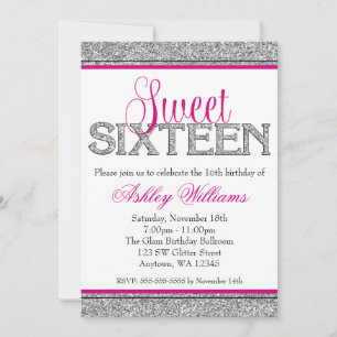 Glam Faux Glitter Zilver Hot Pink Sweet 16 Kaart