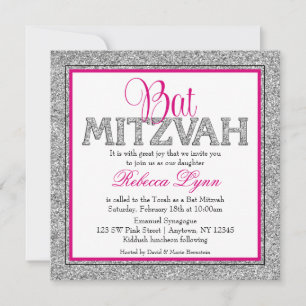 Glam Faux Glitter Zilver Roze Bat Mitzvah Kaart