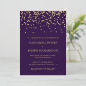 Glam Faux Gold Confetti en Deep Paarse bruiloft Kaart (Staand voorkant)