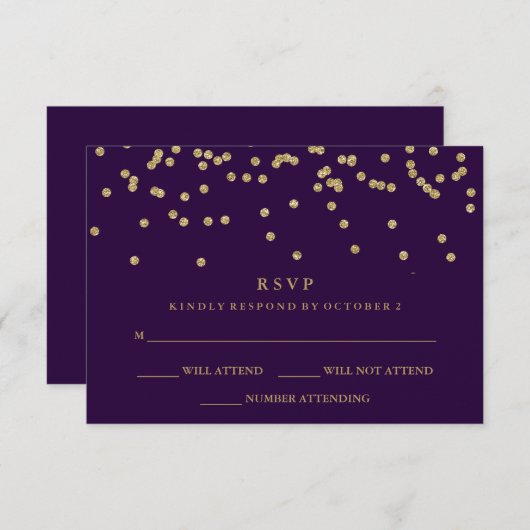 Glam Faux Gold Confetti en Deep Paarse RSVP (Voorkant / Achterkant)