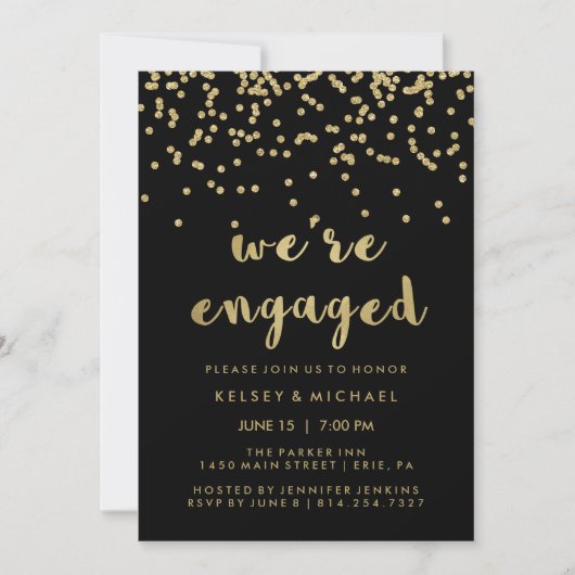 Glam Faux Gold Confetti op Black Engagement Party Kaart (Voorkant)