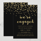 Glam Faux Gold Confetti op Black Engagement Party Kaart (Voorkant / Achterkant)