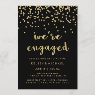 Glam Faux Gold Confetti op Black Engagement Party Kaart