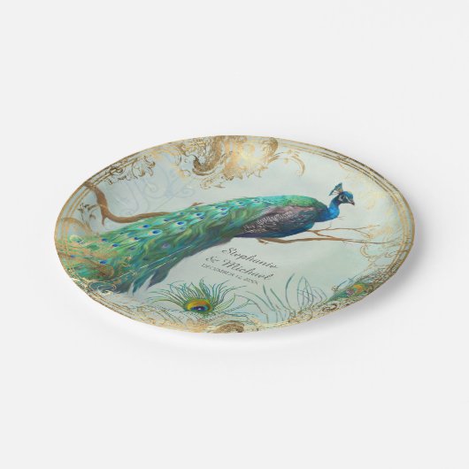 Glam Faux Gold Leaf Peacock op Tree Branch Elegant Papieren Bordje (Gekanteld)