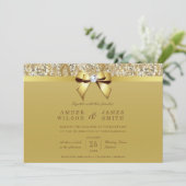 Glam Faux Gold Sequins en Bow Bruiloft Kaart (Staand voorkant)