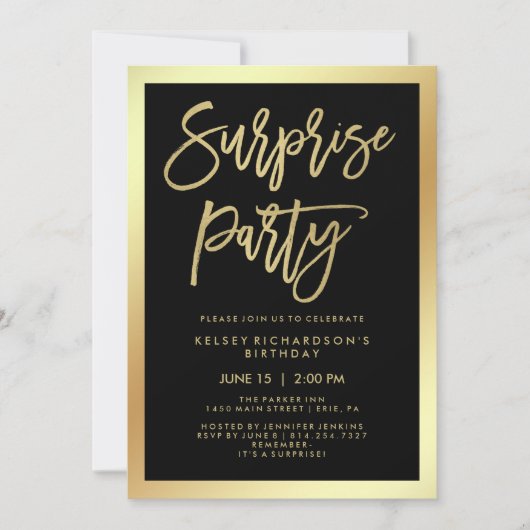 Glam Faux Gold Typografie en Black Surprise Party Kaart (Voorkant)