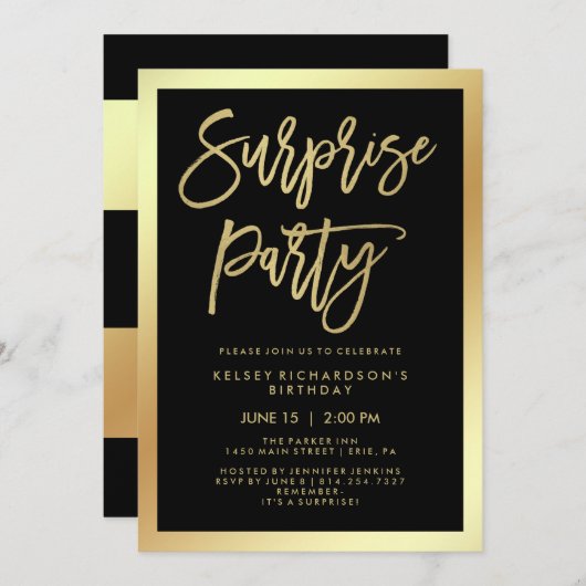Glam Faux Gold Typografie en Black Surprise Party Kaart (Voorkant / Achterkant)