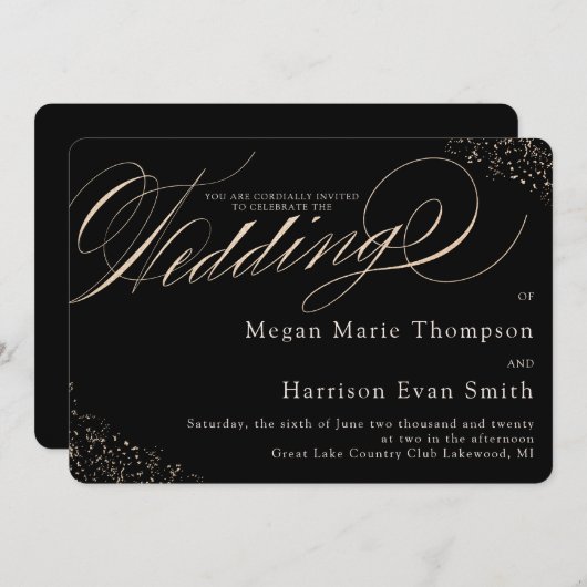 Glam Faux Goud Spikkel Calligrafie Script Bruiloft Kaart (Voorkant / Achterkant)