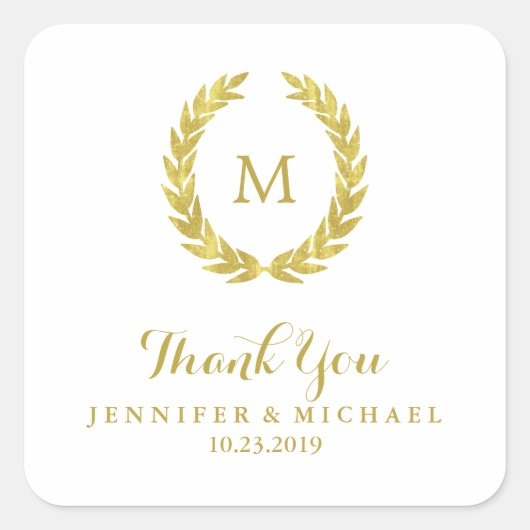 Glam Faux Gouden Folie Laurel Wreath Monogram Brui Vierkante Sticker (Voorkant)