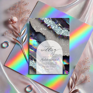 Glam Faux Holographic Agate Geode Wedding QR-code Kaart
