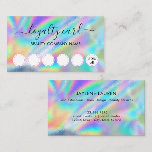 Glam Faux Holographic Beauty Salon Loyalty Card Visitekaartje (Voorkant / Achterkant)