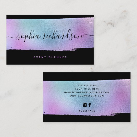 Glam Faux Holographic Glitter en Script on Black Visitekaartje (Voorkant / Achterkant)