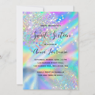 Glam Faux Holographic Glitter Sweet 16 Birthday Kaart