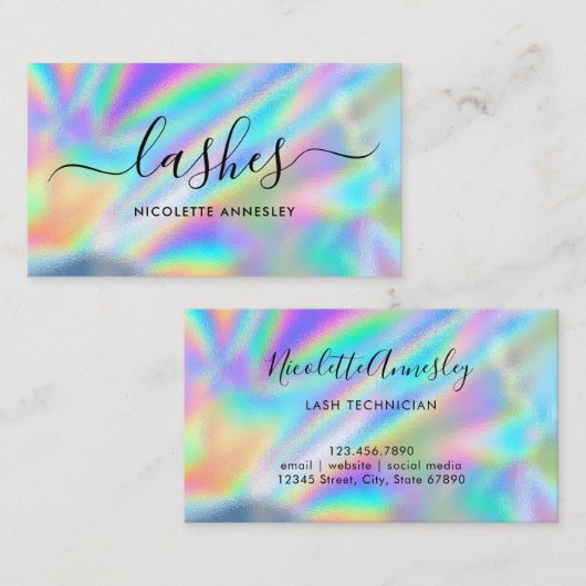 Glam Faux Holographic Rainbow Folie Lash-technicus Visitekaartje (Voorkant / Achterkant)