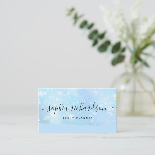 Glam Faux Iridescent Blue met Trendy Script Visitekaartje (Staand voorkant)