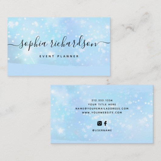 Glam Faux Iridescent Blue met Trendy Script Visitekaartje (Voorkant / Achterkant)