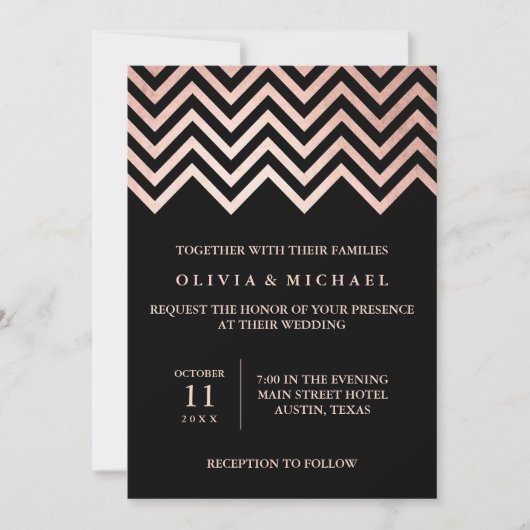 Glam Faux Roos Gold Chevron en Black Wedding Kaart (Voorkant)
