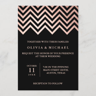 Glam Faux Roos Gold Chevron en Black Wedding Kaart