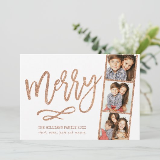 Glam Faux Roos Gold Glitter 3-Photo Booth Holiday Feestdagenkaart (Staand voorkant)