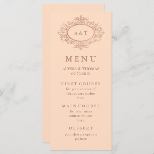 Glam Faux Rose Goud op Blush Roze Trouwmenu Menu (Voorkant / Achterkant)