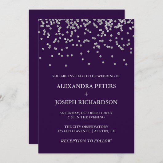 Glam Faux Silver Confetti en Deep Paarse bruiloft Kaart (Voorkant / Achterkant)