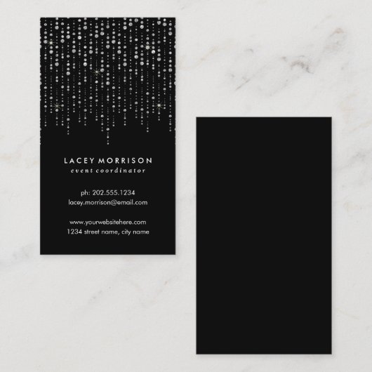 Glam Faux Silver Foil en Chic String Lights Visitekaartje (Voorkant / Achterkant)