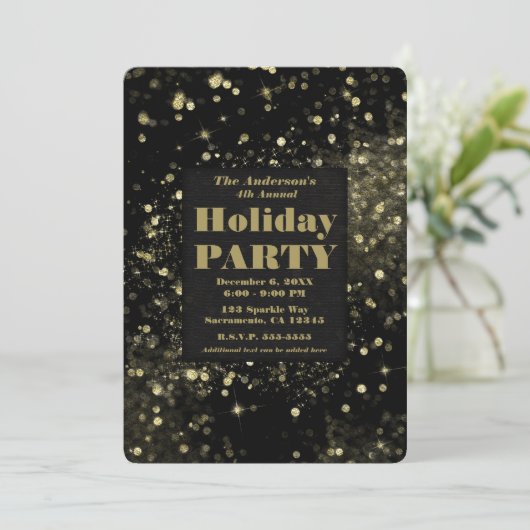 Glam-feestdag met zwarte en gouden mousserende lic kaart (Staand voorkant)