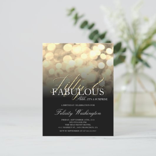 Glam Fifty & Fabulous Surprise Verjaardagsfeestje Uitnodiging Briefkaart (Staand voorkant)