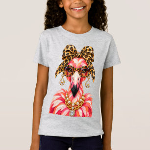 "Glam Flamingo Luipaardprint Gouden Parelketting T-shirt